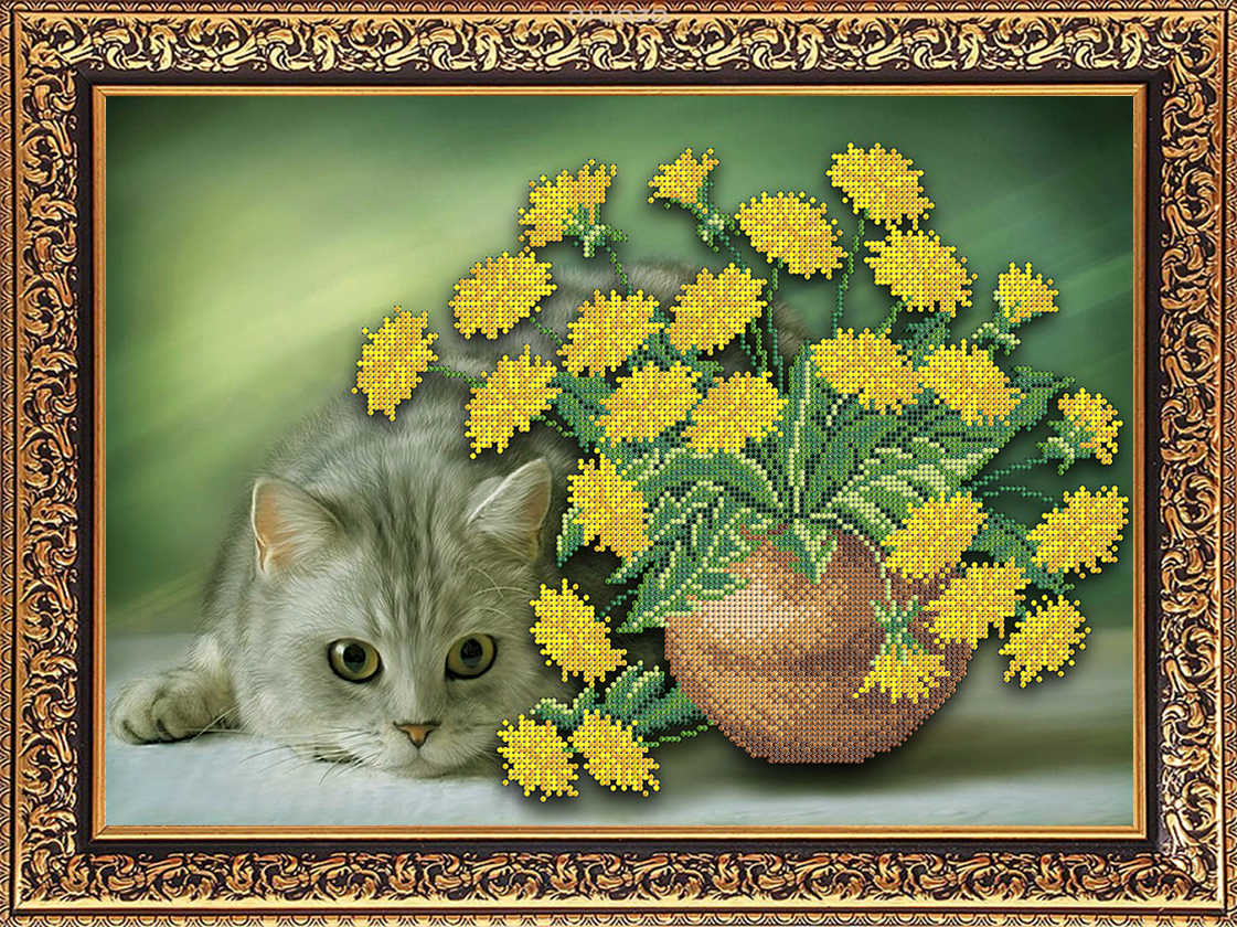 Котик в одуванчиках рисунок
